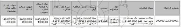 مناقصه عمومی یک مرحله ای تامین نیرو جهت انجام امورات مرکز تحقیقات کشاورزی