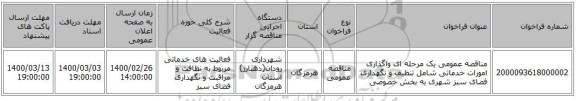 مناقصه عمومی یک مرحله ای واگذاری امورات خدماتی شامل تنظیف و نگهداری فضای سبز شهری به بخش خصوصی