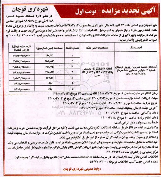 مزایده مزایده فروش هفت قطعه زمین مازاد نوبت اول