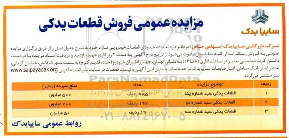 مزایده، مزایده عمومی فروش قطعات یدکی 