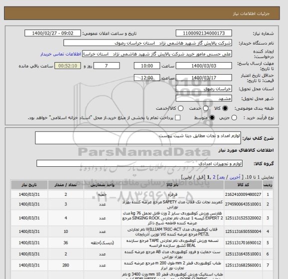 استعلام لوازم امداد و نجات مطابق دیتا شیت پیوست 