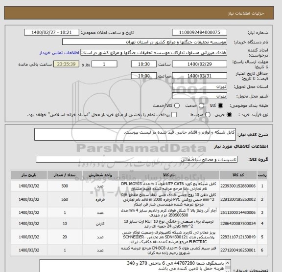استعلام کابل شبکه و لوازم و اقلام جانبی قید شده در لیست پیوست.