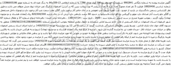 آگهی مزایده ششدانگ خودروی پژو 206