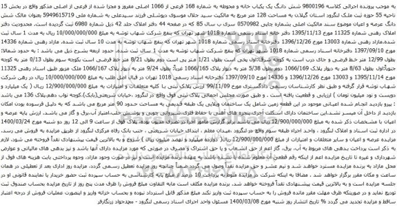 آگهی مزایده شش دانگ یک یکباب خانه و محوطه به شماره 168 فرعی از 1066 اصلی