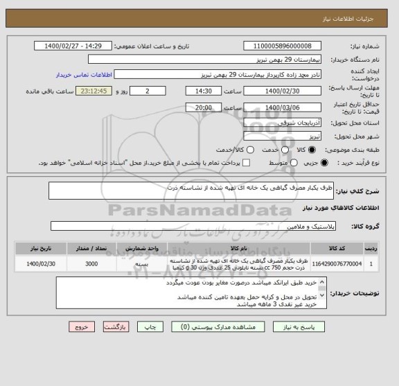 استعلام ظرف یکبار مصرف گیاهی یک خانه ای تهیه شده از نشاسته ذرت 