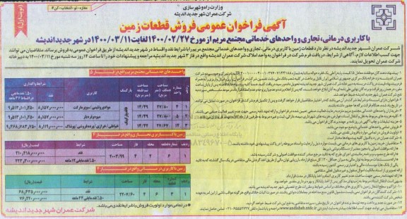 مزایده مزایده فروش قطعات زمین کاربری درمانی ، تجاری واحدهای خدماتی نوبت اول 