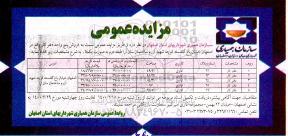 مزایده مزایده فروش پنج واحد دفتر کار
