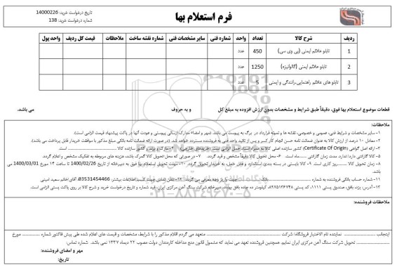 استعلام، استعلام ​​تابلو علائم ایمنی ...........