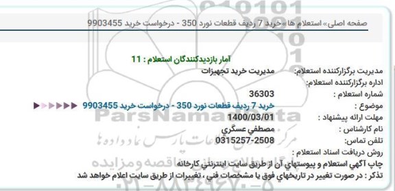 استعلام   خرید 7 ردیف قطعات نورد 350