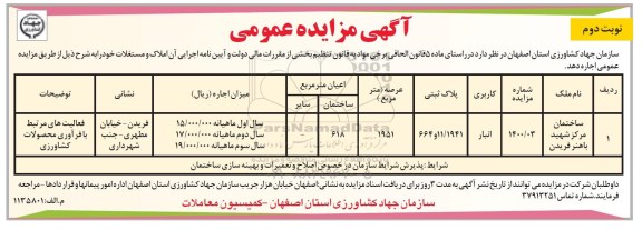 مزایده اجاره املاک و مستغلات - نوبت دوم