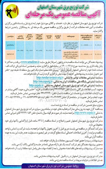 مناقصه ، مناقصه اصلاح ساختار شبکه های توزیع نیرو  رسانی  و...