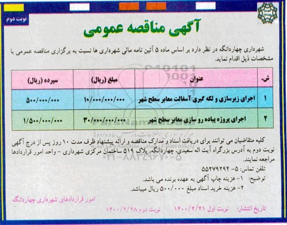 مناقصه، مناقصه اجرای زیرسازی و لکه گیری آسفالت معابر سطح شهر... نوبت دوم 