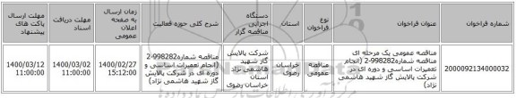 مناقصه عمومی یک مرحله ای مناقصه شماره998282-2 (انجام تعمیرات اساسی و دوره ای  در شرکت پالایش گاز شهید هاشمی نژاد) 