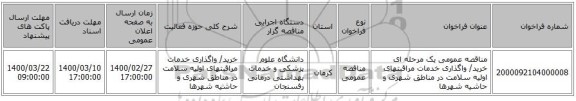 مناقصه عمومی یک مرحله ای خرید/ واگذاری خدمات مراقبتهای اولیه سلامت در مناطق شهری و حاشیه شهرها 