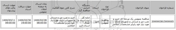 مناقصه عمومی یک مرحله ای خرید و نصب میز و صندلی و تجهیزات اداری مورد نیاز خود رابرابر مشخصات اعلامی