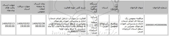 مناقصه عمومی یک مرحله ای انجام خدمات اداری و پشتیبانی امورات طرحهای عمرانی در سطح استان آذربایجان غربی