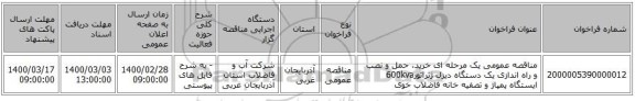 مناقصه عمومی یک مرحله ای خرید، حمل و نصب و راه اندازی یک دستگاه دیزل ژنراتور600kva  ایستگاه پمپاژ و تصفیه خانه فاضلاب خوی