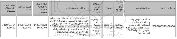 مناقصه عمومی یک مرحله ای عملیات آسفالت ریزی و جدول کشی معابر شهری طرح عمرانی 111غ1502002 (نوبت سوم)