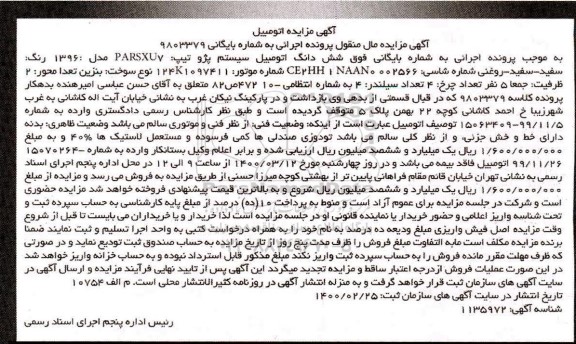 مزایده فروش پژو تیپ parsxu7 مدل 1396