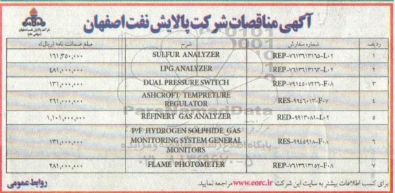 مناقصه SULFUR ANALYZER
