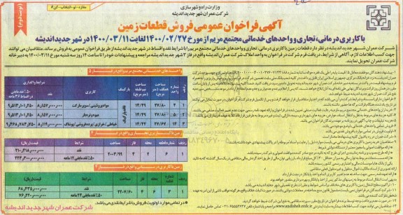 مزایده مزایده فروش قطعات زمین کاربری درمانی ، تجاری واحدهای خدماتی نوبت دوم 