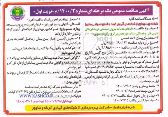 آگهی مناقصه عمومی, مناقصه انجام خدمات نیروی انسانی در بخش های اداری، فنی و خدماتی 
