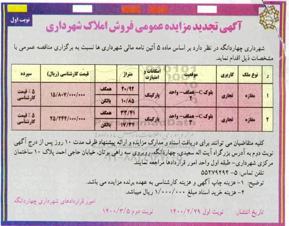 مزایده مزایده تجدید فروش املاک کاربری تجاری نوبت اول 