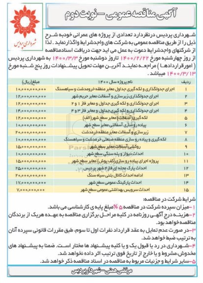مناقصه، مناقصه اجرای جدولگذاری و لکه گیری جداول ...- نوبت دوم 