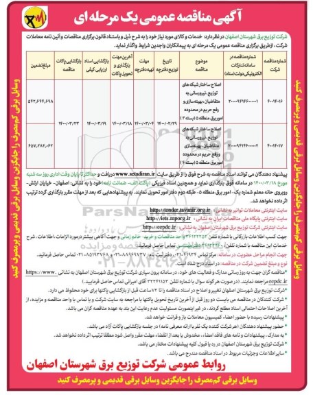 مناقصه عمومی، مناقصه اصلاح ساختار شبکه های توزیع، نیرورسانی ...