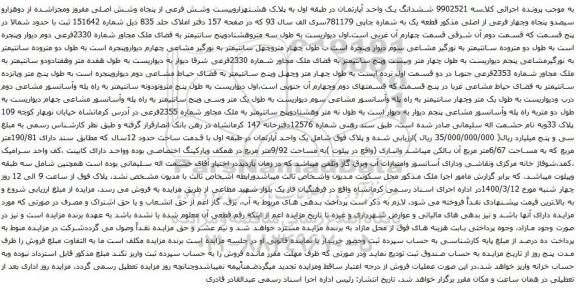 آگهی مزایده ششدانگ یک واحد آپارتمان در طبقه اول به پلاک هشتهزاروبیست وشش فرعی از پنجاه وشش اصلی