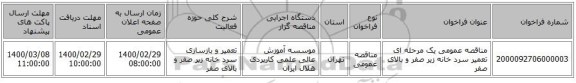 مناقصه عمومی یک مرحله ای تعمیر سرد خانه زیر صفر و بالای صفر