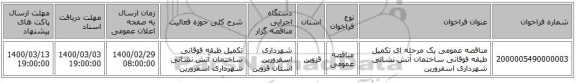 مناقصه عمومی یک مرحله ای تکمیل طبقه فوقانی ساختمان آتش نشانی شهرداری اسفرورین