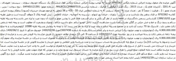 آگهی مزایده ششدانگ یک دستگاه خودروی سواری هیوندای 