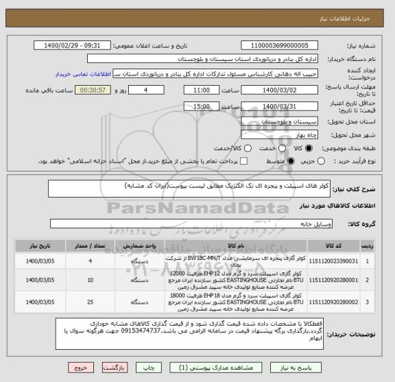استعلام کولر های اسپیلت و پنجره ای تک الکتریک مطابق لیست پیوست(ایران کد مشابه)