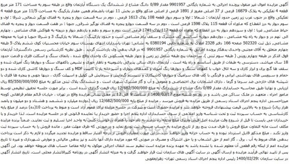 آگهی مزایده دانگ مشاع از ششدانگ یک دستگاه آپارتمان