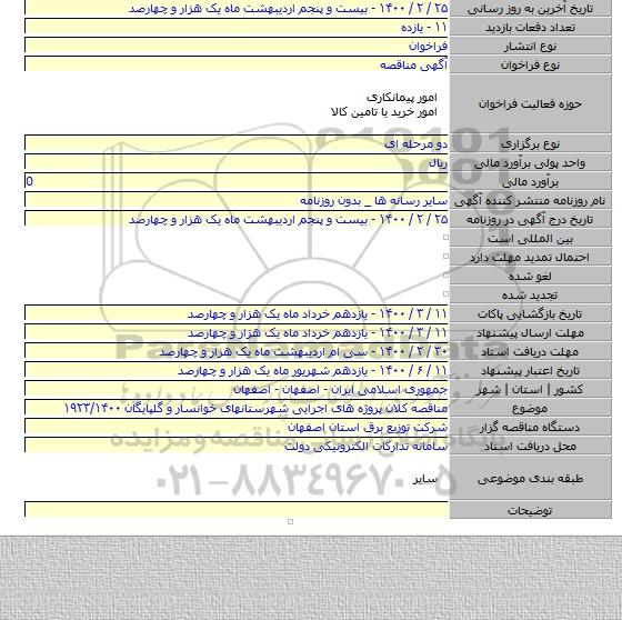 مناقصه کلان پروژه های اجرایی شهرستانهای خوانسار و گلپایگان ۱۹۲۳/۱۴۰۰