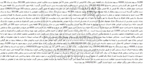 آگهی مزایده 9.299 سهم مشاع از 40000 سهم مشاع یک باب/قطعه زمین