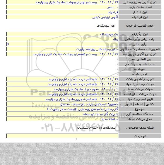 گاز رسانی به مجتمع روستایی کانعمت سقز بصورت C