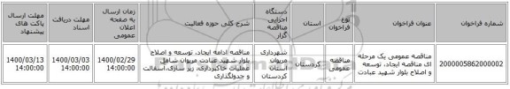مناقصه عمومی یک مرحله ای مناقصه ایجاد، توسعه و اصلاح بلوار شهید عبادت