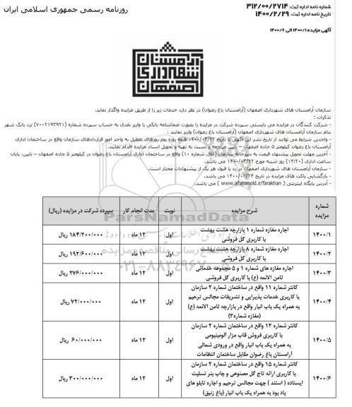 مزایده ، مزایده اجاره مغازه با کاربری گل فروشی