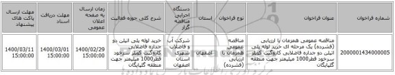 مناقصه عمومی همزمان با ارزیابی (فشرده) یک مرحله ای خرید لوله پلی اتیلن دو جداره فاضلابی کاروگیت کوپلر سرخود قطر1000 میلیمتر جهت منطقه گلپایگان 