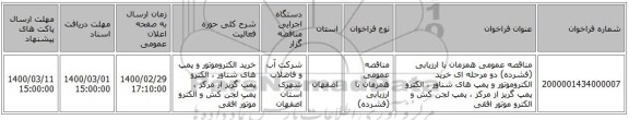 مناقصه عمومی همزمان با ارزیابی (فشرده) دو مرحله ای خرید الکتروموتور و پمپ های شناور ، الکترو پمپ گریز از مرکز ، پمپ لجن کش  و الکترو موتور افقی 
