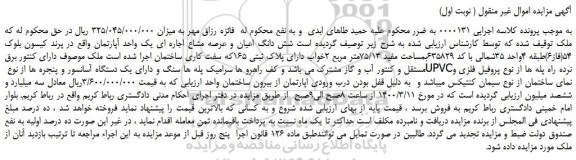 مزایده،مزایده فروش شش دانگ اعیان و عرصه مشاع اجاره ای یک واحد آپارتمان