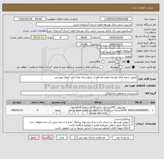 استعلام تجهیز شعبه بانک توسعه تعاون مستقر در شهرستان نقده برابر جدول پیوستی