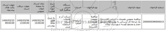 مناقصه عمومی همزمان با ارزیابی (فشرده) یک مرحله ای آبرسانی به روستاهای مجتمع حصار و مجتمع کوسه شهرستان بوکان