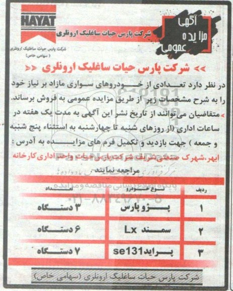 مزایده فروش تعدادی از خودروهای سواری