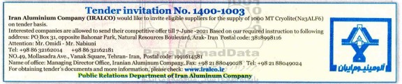 مناقصه supply of 1000 MT Cryolite (Na3alf6)