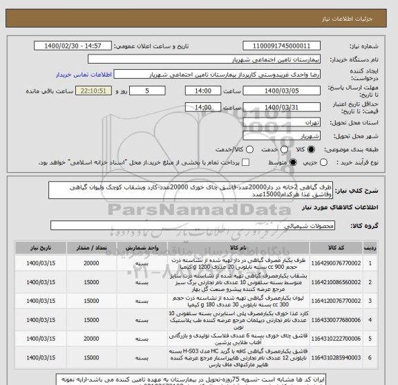 استعلام ظرف گیاهی 2خانه در دار20000عدد-قاشق چای خوری 20000عدد-کارد وبشقاب کوچک ولیوان گیاهی وقاشق غذا هرکدام15000عدد