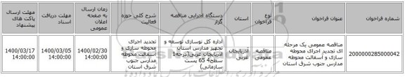 مناقصه عمومی یک مرحله ای تجدید اجرای محوطه سازی و آسفالت محوطه مدارس جنوب شرق استان