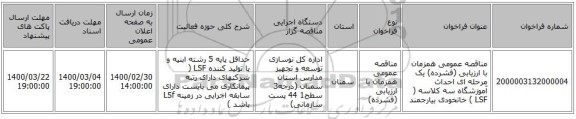 مناقصه عمومی همزمان با ارزیابی (فشرده) یک مرحله ای احداث آموزشگاه سه کلاسه ( LSF )  خانخودی  بیارجمند
